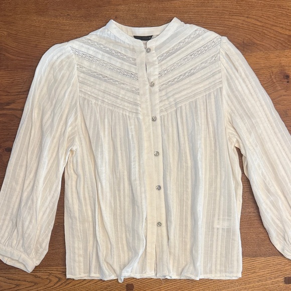 Zara Tops - Zara Cream Button-Up Textured Lace Yoke Blouse